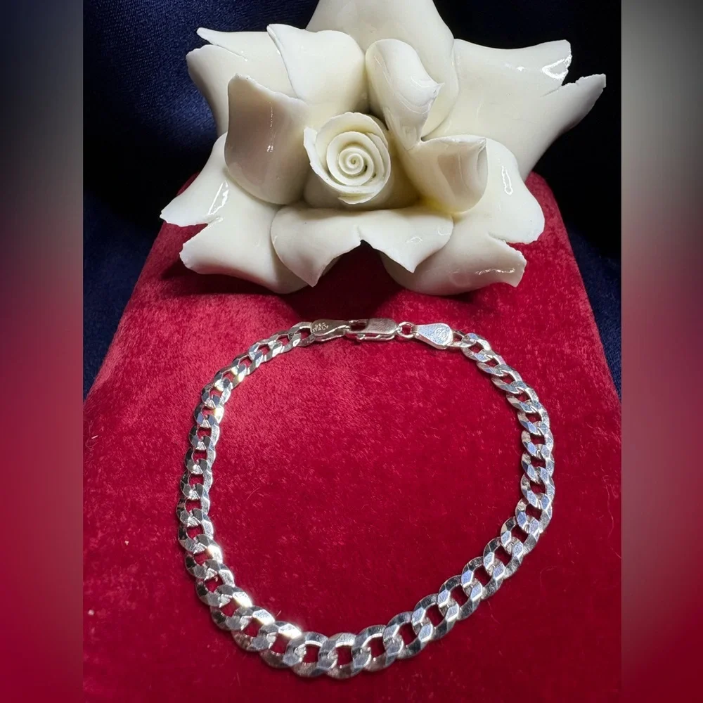 Bracelet Flat Cuban Link 925 Sterling Silver Lobster Clasp